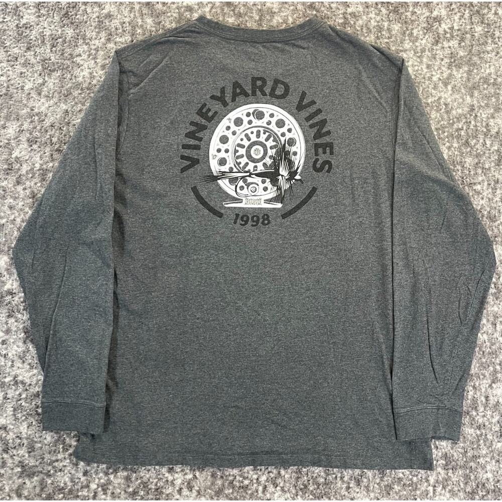 Vineyard Vines Fly Fishing Graphic Long Sleeve Pocket T-Shirt Gray Mens X-Large